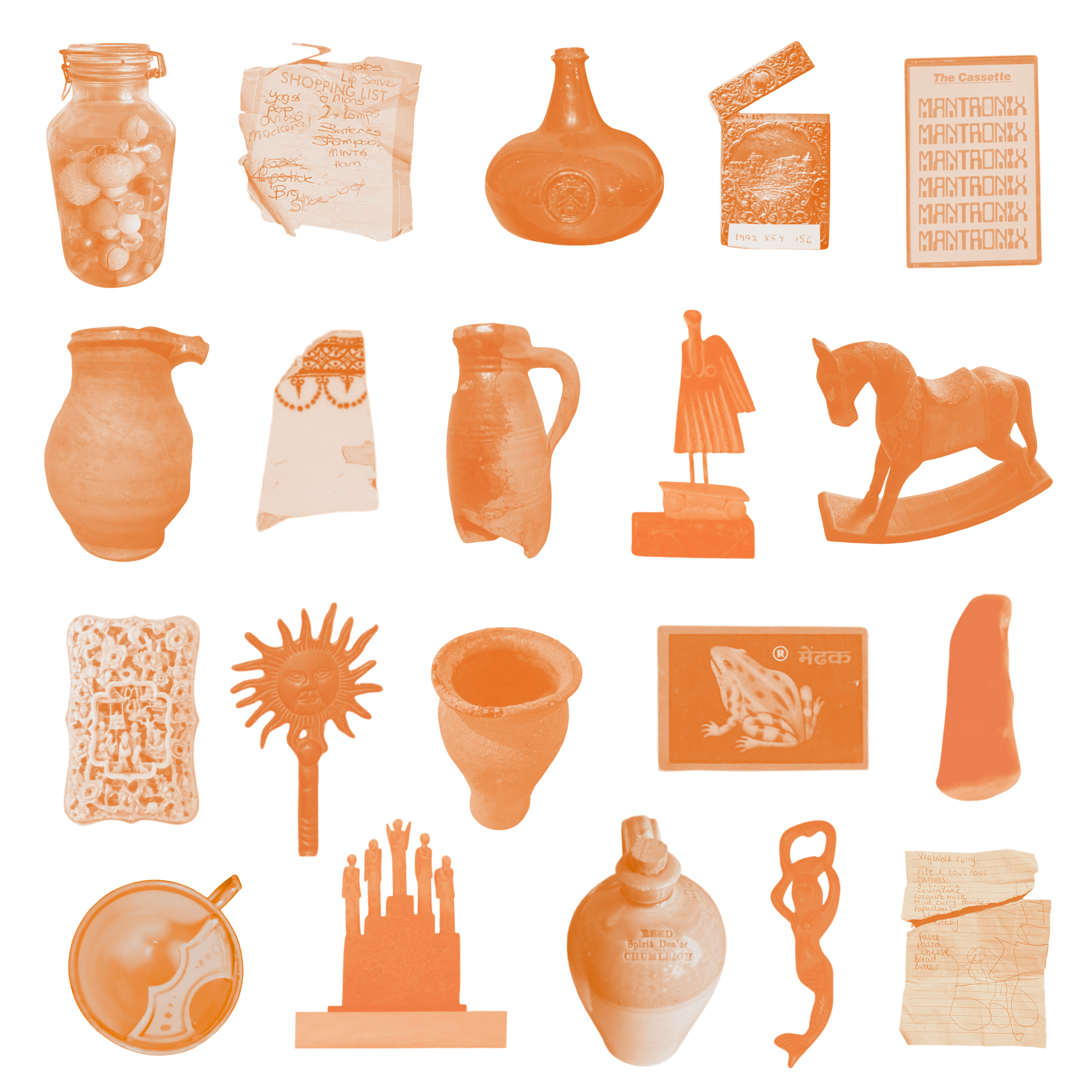 Images from What We Keep: The Art of Collecting, including ceramics, bottles, cups, stamps, a rocking horse, stones, bottle openers and shopping lists.