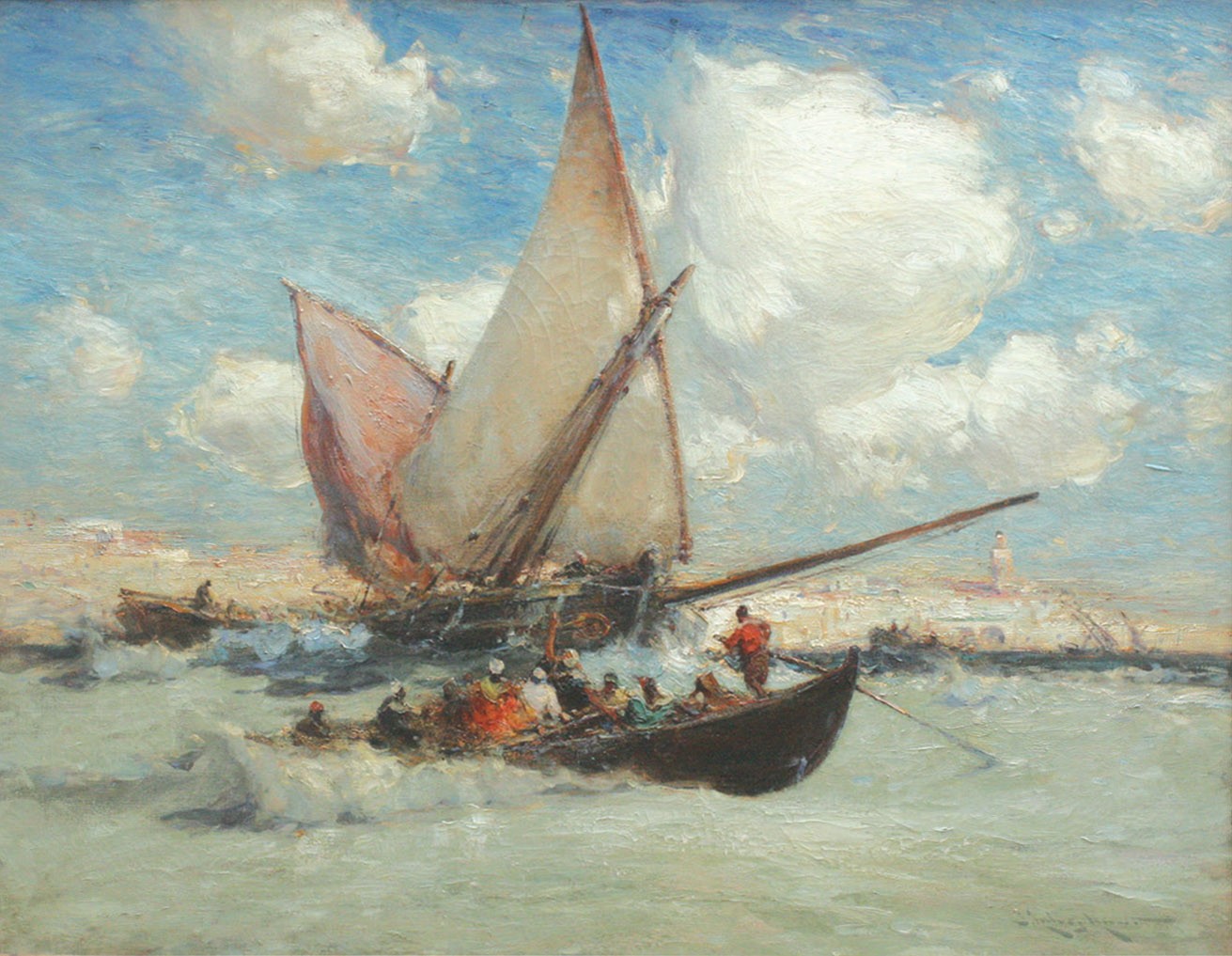 Oil painting of ships at sea off the coast of Morocco by artist Aubrey E Hunt