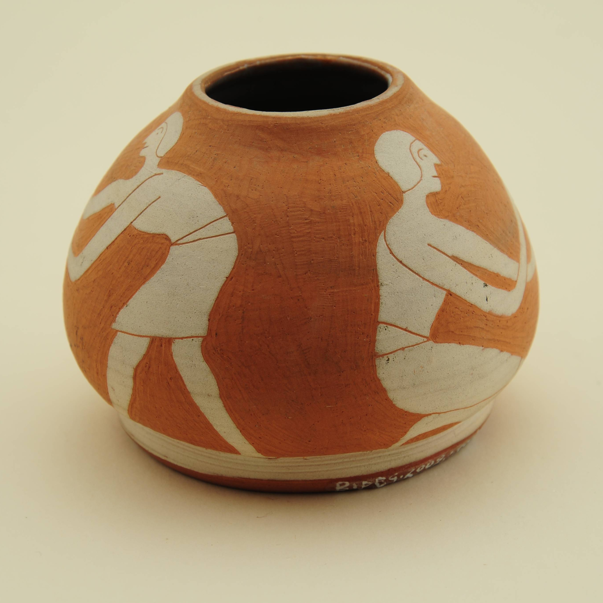 Ceramic vase with white abstract figures on an orange background