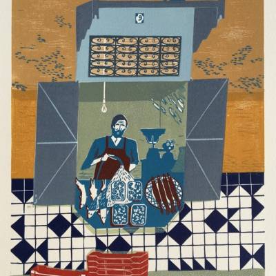 Fishmonger in Medina unframed lino print by Helen Murgatroyd