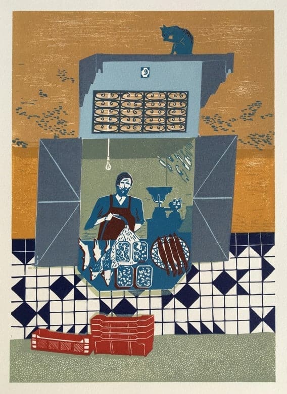 Fishmonger in Medina unframed lino print by Helen Murgatroyd