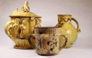 A selection of puzzle jugs as part of the folk art exhibition