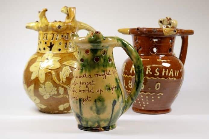 A selection of puzzle jugs as part of the folk art exhibition