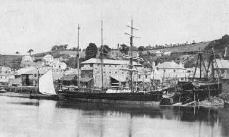 Black and white photo of Baroque 'Winifred' Moored at Restarick's Shipyard about 1879.
