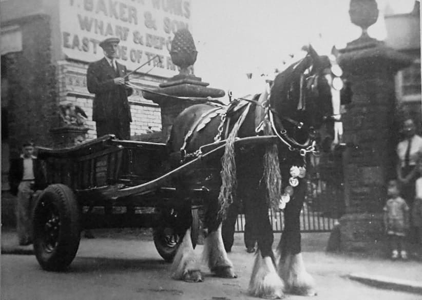 Black and white photograph of a horse and cart being driven by a standing driver