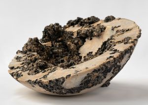 Photograph of a sculpted clay hemisphere form with irregular organic matter emerging from form