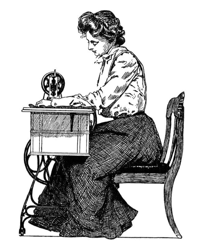 Ink outline drawing of a woman in period clothing sat at an old fashioned sewing table occupied with a sewing project.