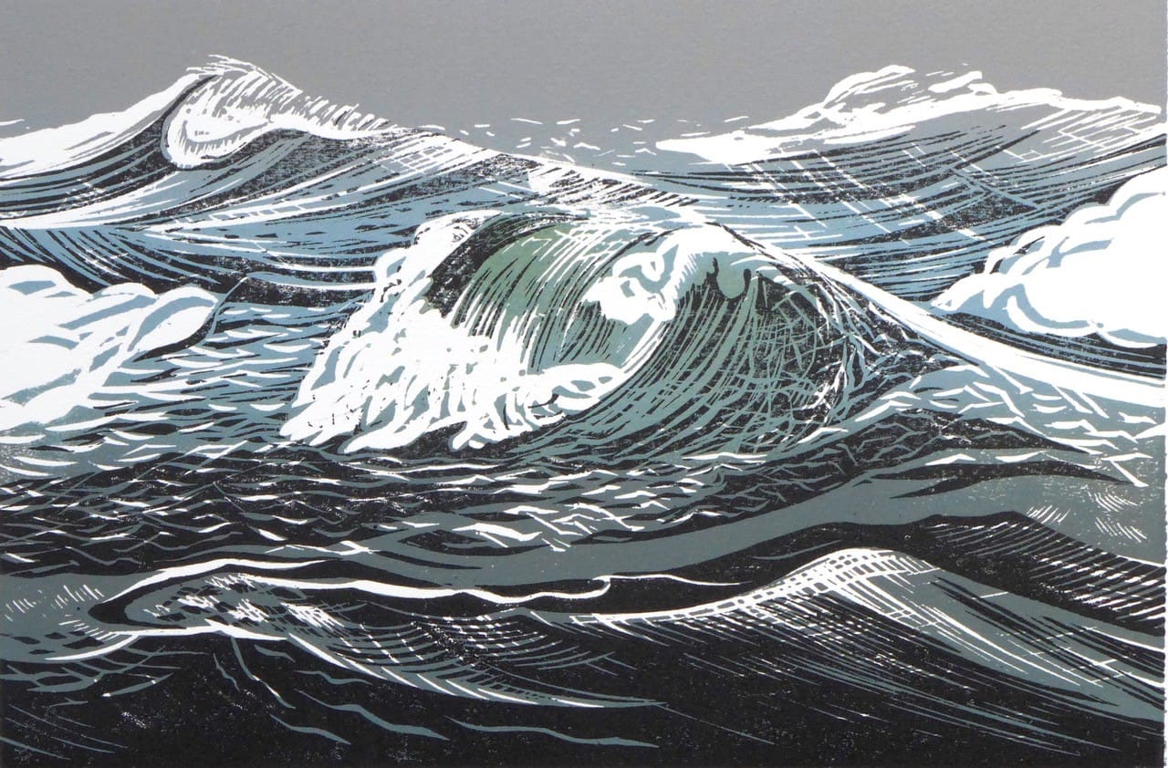 Woodcut print of a winter wave in North Devon by artist Merlyn Chesterman submitted to the annual open exhibition hosted by the Friends of the Burton at Bideford Art Gallery and Museum