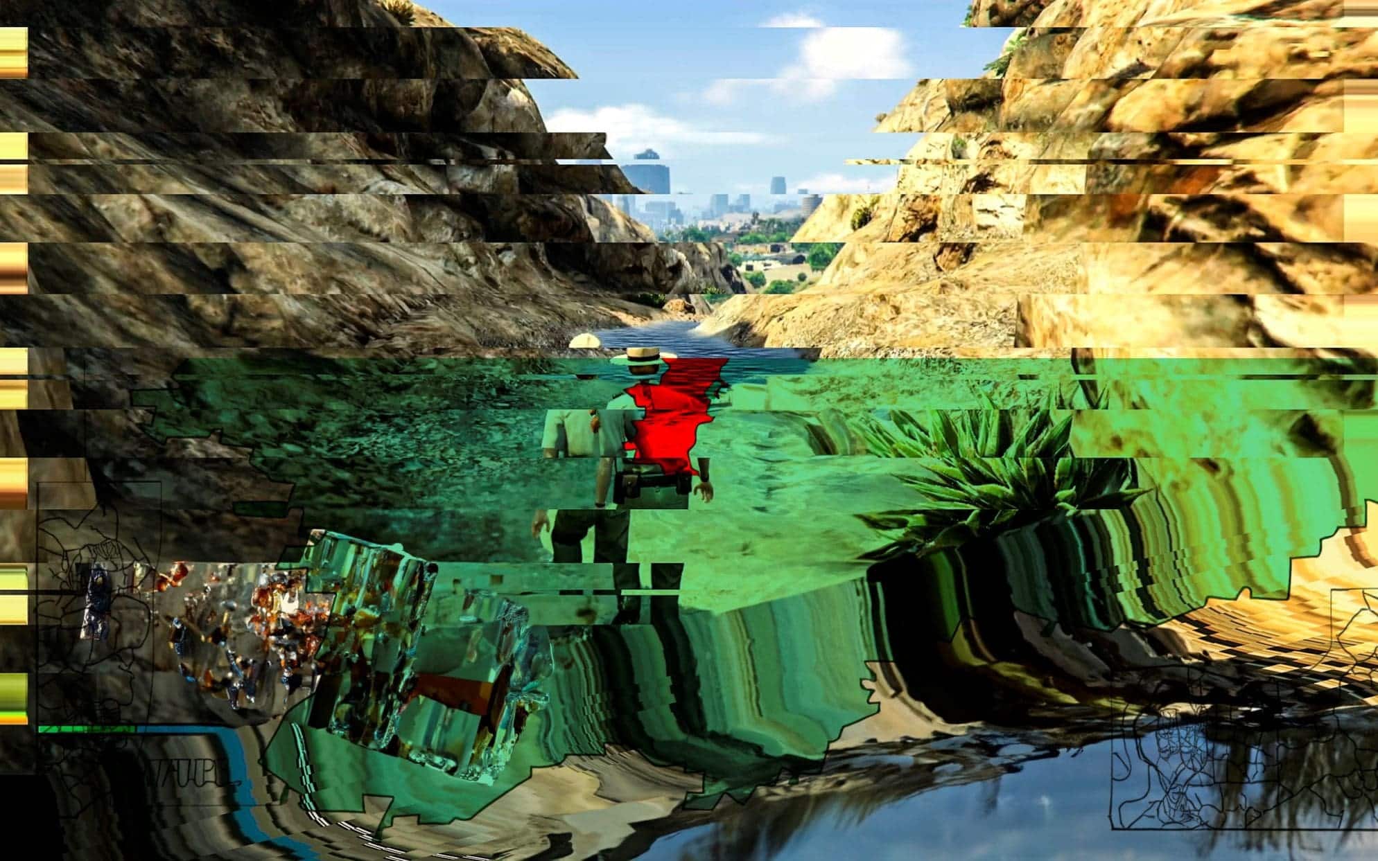 An avatar walks through a stream towards Los Santos. Sea Shimmer artwork study using Grand Theft Auto and AI prompts which include terms such as Devon Map and Crystalline.