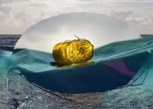 Composite image showing plastic bottle floating in the blue sea, part of machinima fill Shimmer by Andy Hughes