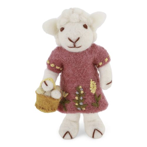 Small White Sheep with Dusty Red Dress and Egg Basket