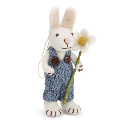 Small White Bunny with Blue Dungarees and Flower