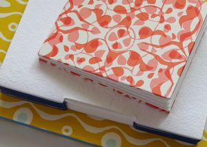 Pile of colourful buttonhole binding and pocket fold accordion books made by bookbinding tutor Megan Stallworthy