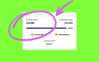 Screenshot of Big Give website page showing fundraising total circled in lilac