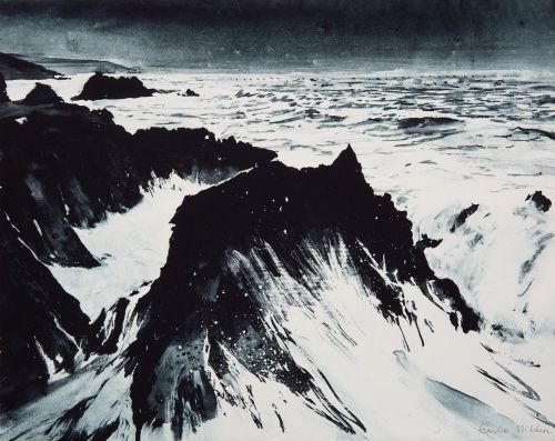 Print showing waves crashing on rocks North Devon by Emma Stibbon