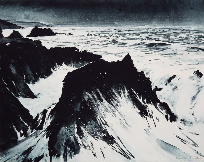 Print showing waves crashing on rocks North Devon by Emma Stibbon