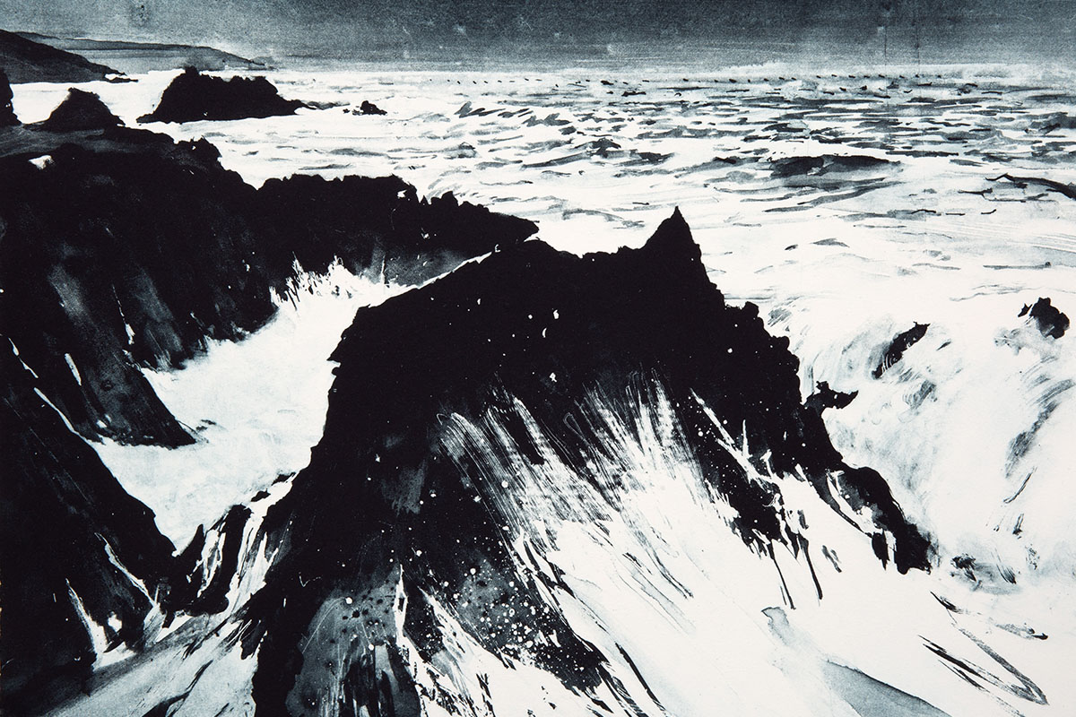 Intaglio print by Emma Stibbon of sea at Hartland