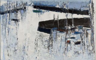 Abstract painting of boats in a harbour