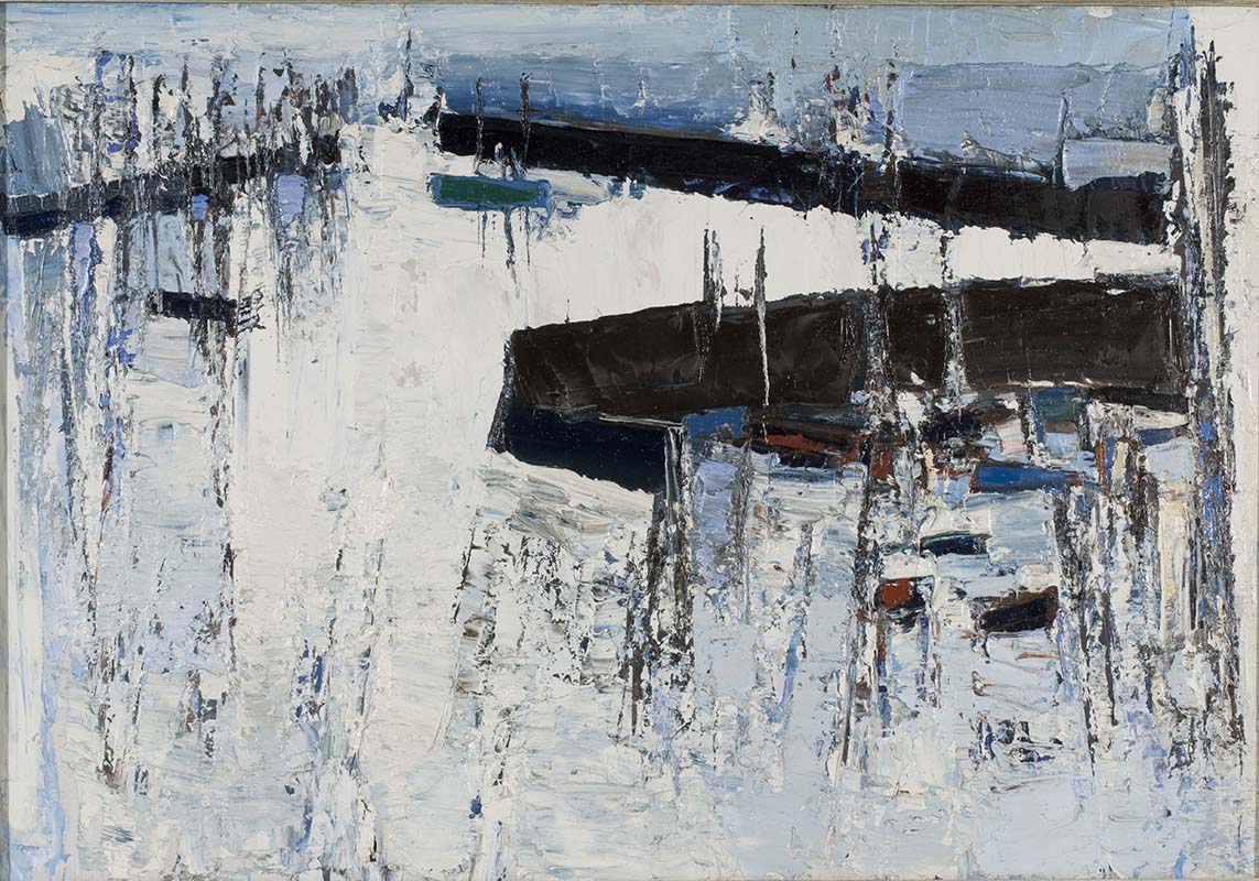 Abstract painting of boats in a harbour