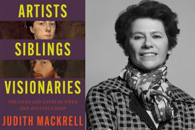 Image shows book cover of Artists, Siblings, Visionaries and a black and white image of the author, Judith Mackrell