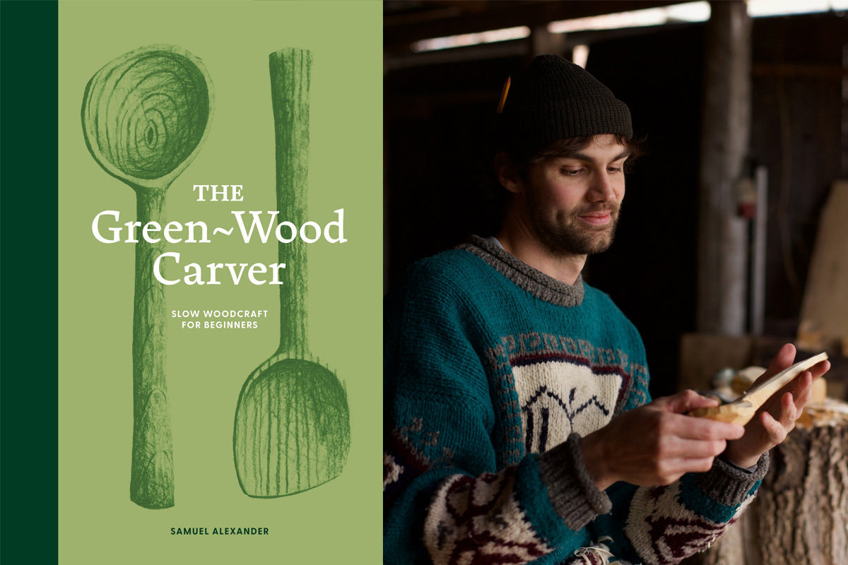 Image shows cover of The Green-Wood Carver by Samuel Alexander and a picture of the author admiring a wooden spoon