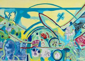 Image shows collaged artwork in yellow, green, blue and pink