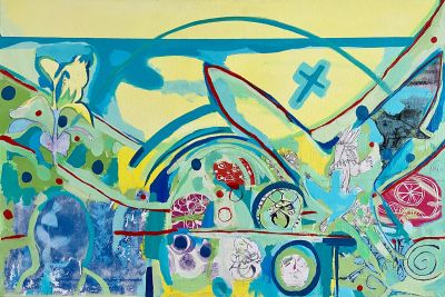 Image shows collaged artwork in yellow, green, blue and pink