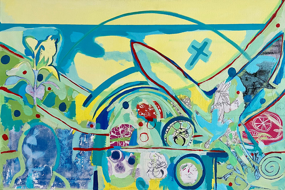 Image shows collaged artwork in yellow, green, blue and pink