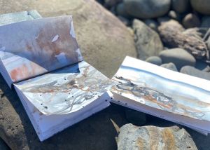 Artist sketchbooks on rocks during an en plein air watercolour workshop