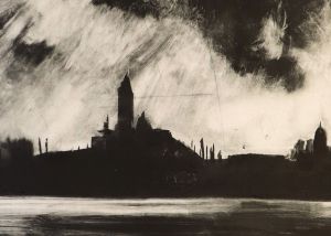 Image shows monoprint of lagoon scene