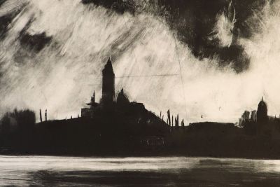 Image shows monoprint of lagoon scene