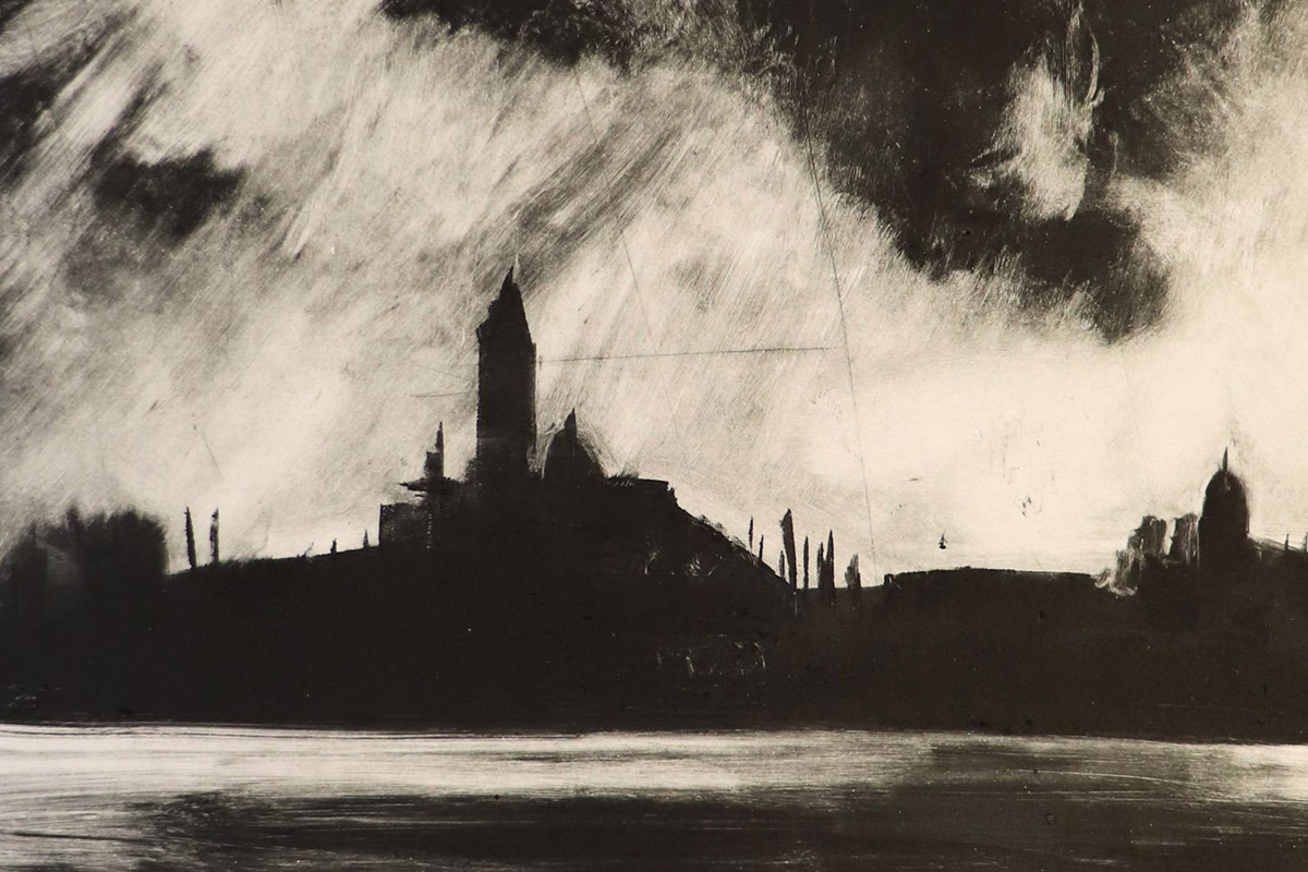 Image shows monoprint of lagoon scene