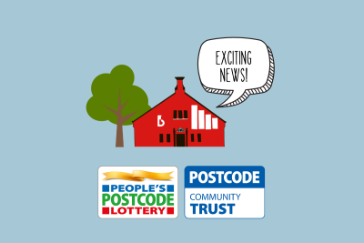 Image shows cartoon of The Burton saying Exciting News', with logos from the People's Postcode Lottery and the Postcode Community Trust