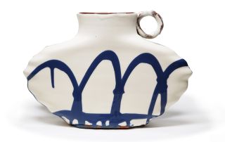 White and blue slipware jug by Michelle Shields