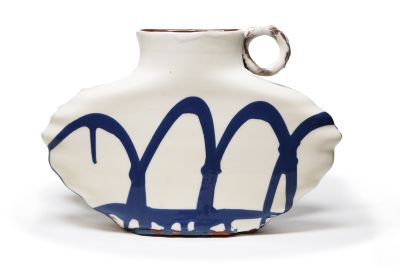 White and blue slipware jug by Michelle Shields