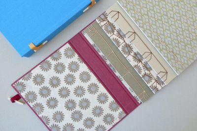 Image of bookbinding with different coloured paper showing the inside and the outside case.