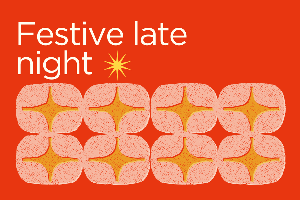 Festive late night graphic with pink and yellow collage style stars