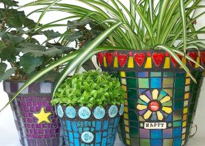 Picture of three Mosaic Plant Pots with plants inside