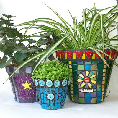 Picture of three Mosaic Plant Pots with plants inside