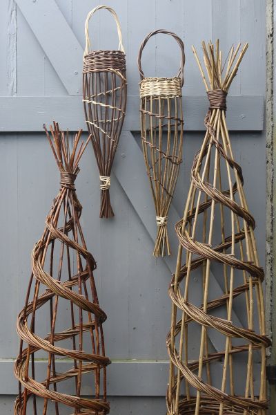 Willow weaving image of bird feeder and plant obelisk